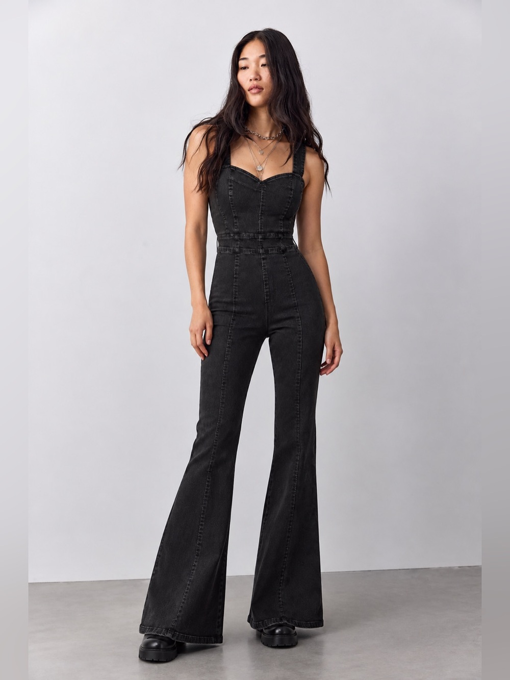 Free People We The Free Light My Fire Black As Night Denim Flare Jumpsuit L